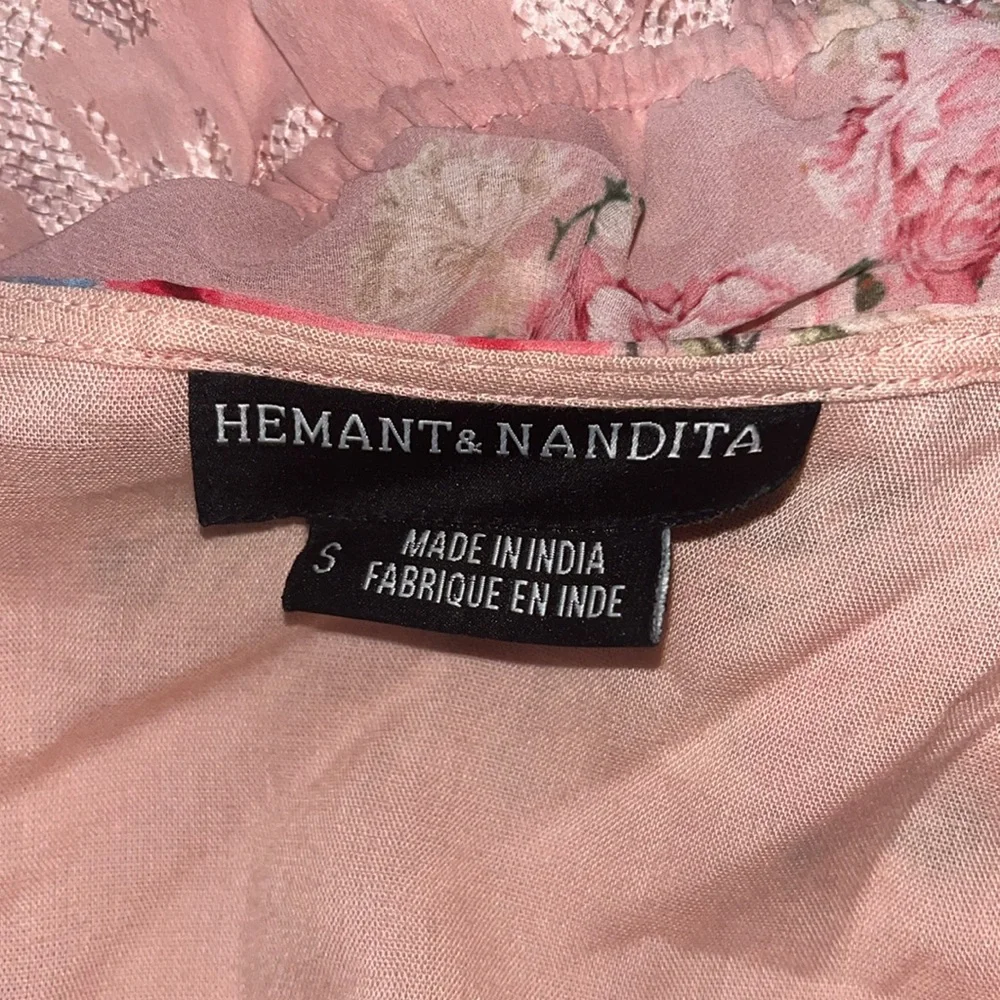 Anthropologie Hemant Nandita Pink Floral Top S Puff Sleeve Rose Boho Coquette